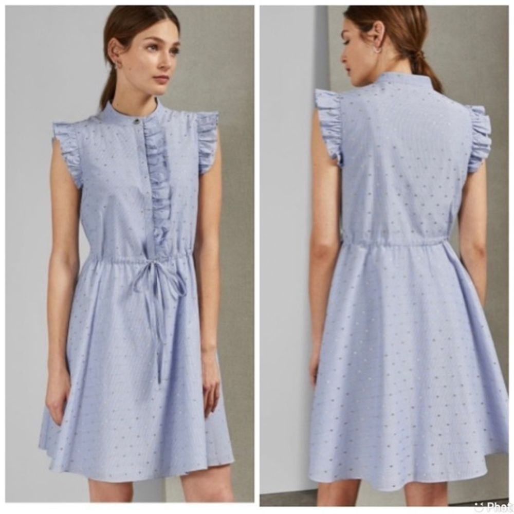 Ted Baker Beyonc Stand Collar Ruffled Shift Dress‎ Blue Metallic Railroad Stripe